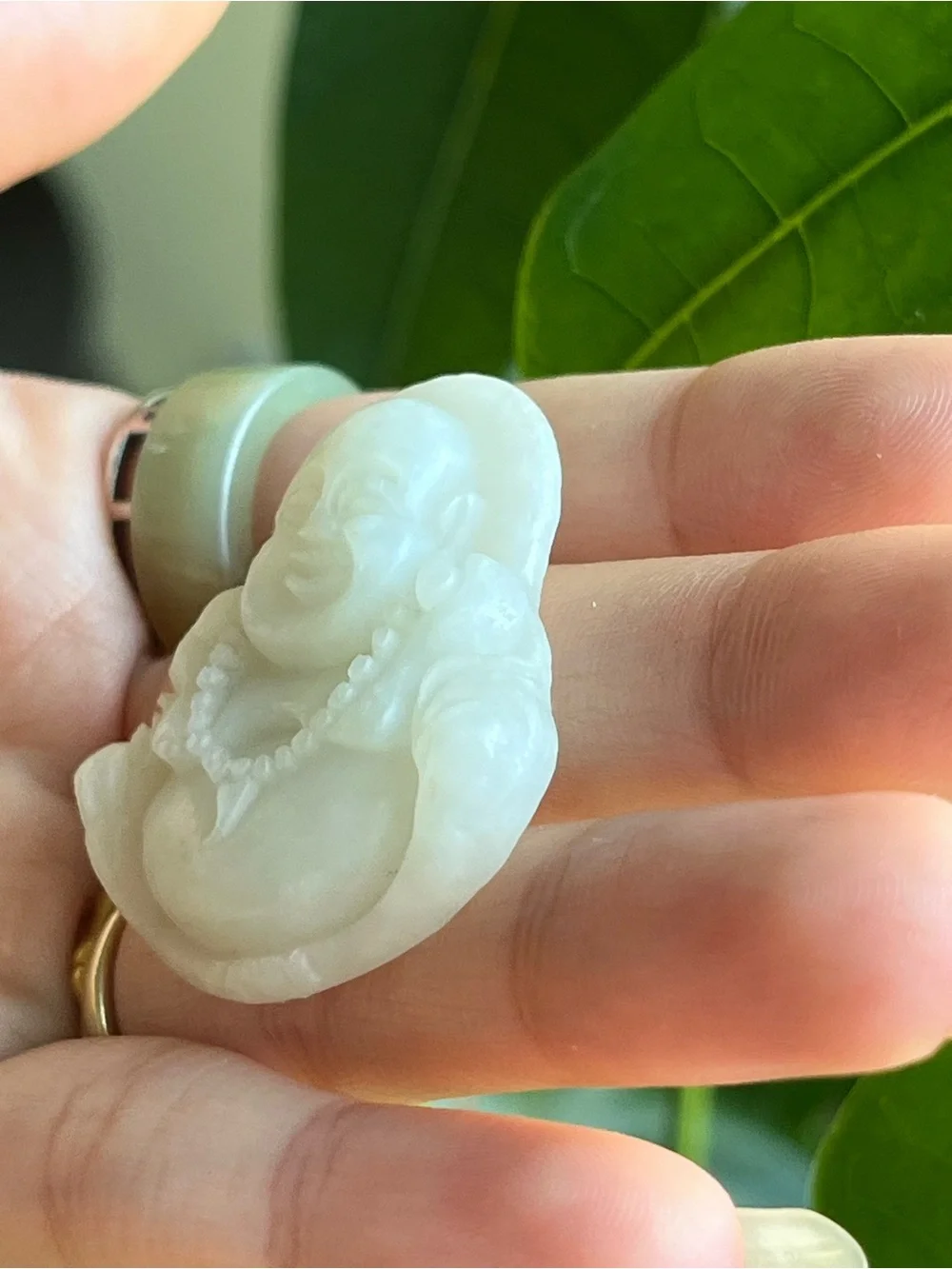Natural White Jadeite-Style Nephrite Jade Carved Laughing Buddha Pendant - NWOT